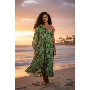 Farm Rio Anthropologie One Shoulder Ruffle Maxi Dress Green Floral M Petite